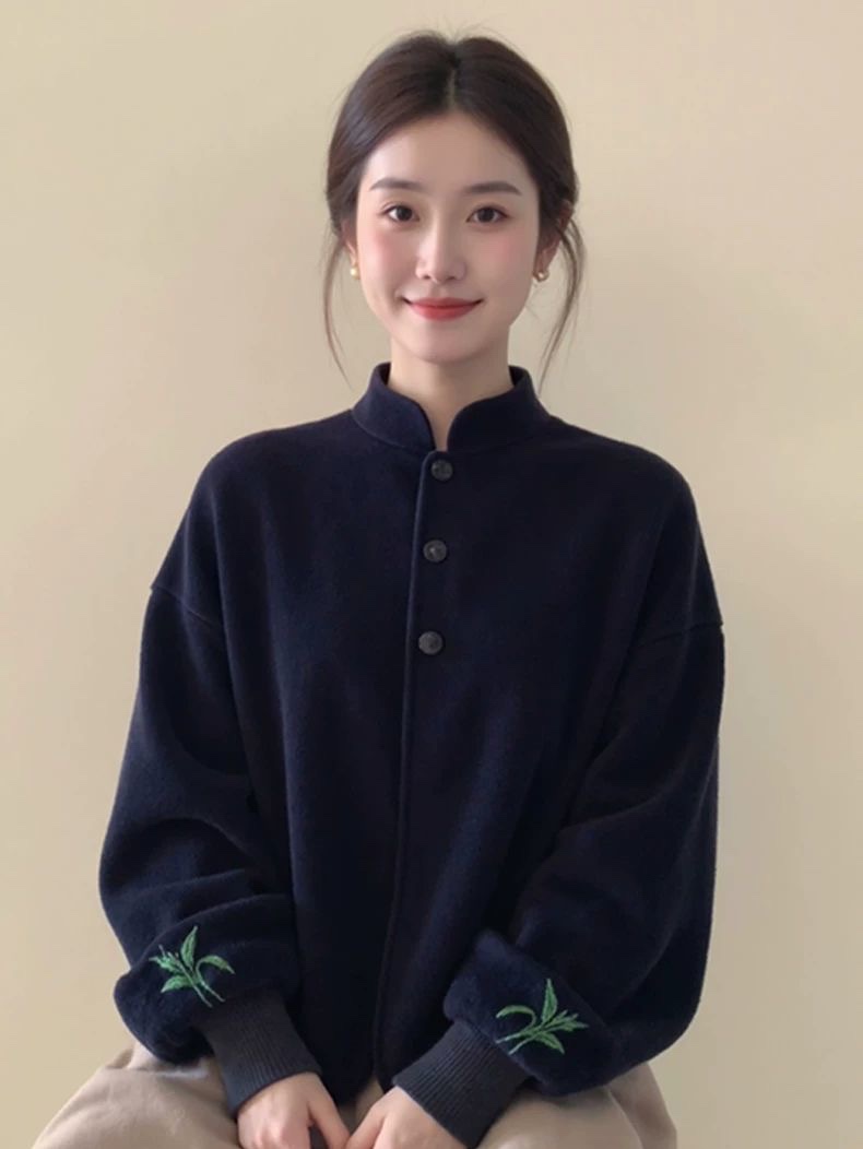 胖mm300斤新中式国风刺绣立领摇粒绒上衣女冬气质内搭巨好看小衫