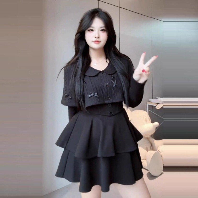 大码女装法式千金风时尚套装女秋冬斗篷蝴蝶结上衣黑色束腰裙套装