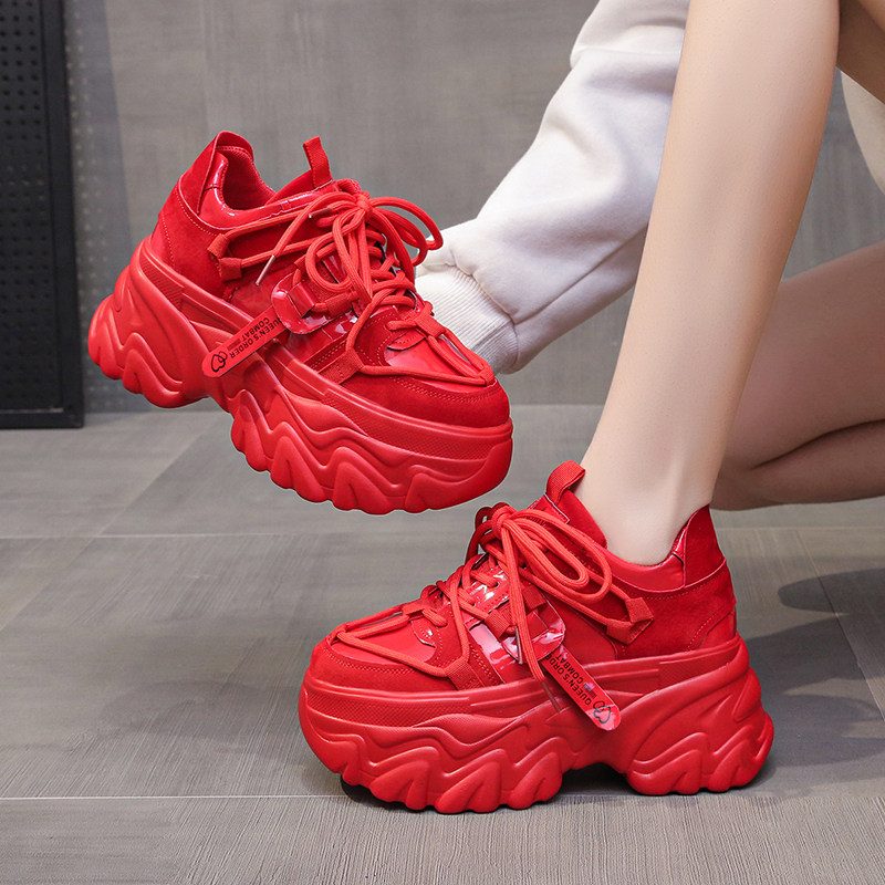 欧货红色老爹鞋女秋季新款单鞋ins潮小个子8cm厚底松糕增高运动鞋
