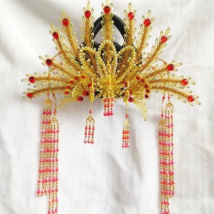 纯手工粤剧演出三凤冠戏剧头饰舞台演出三个凤头凤冠表演饰品包邮