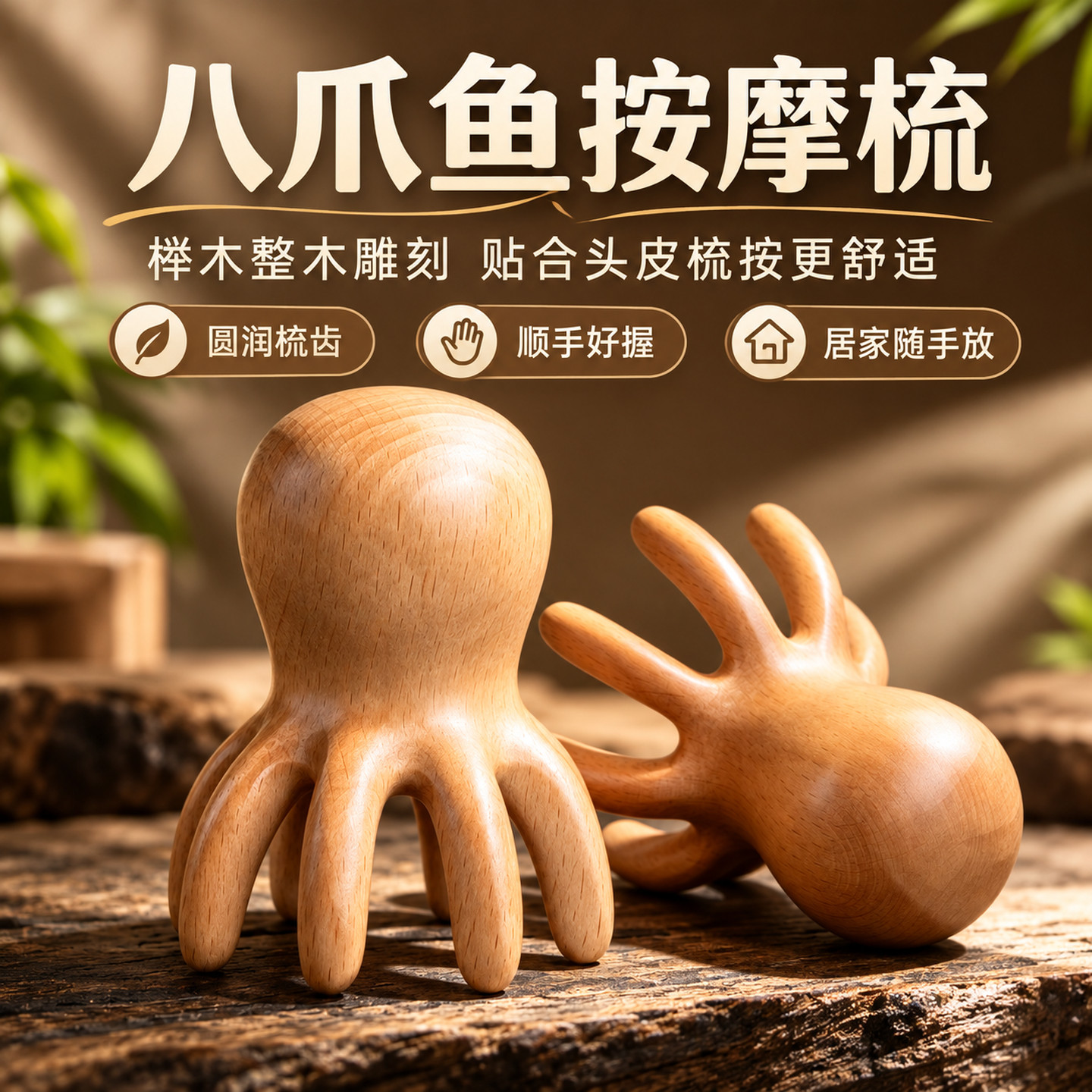 章鱼木质头皮经络按摩梳