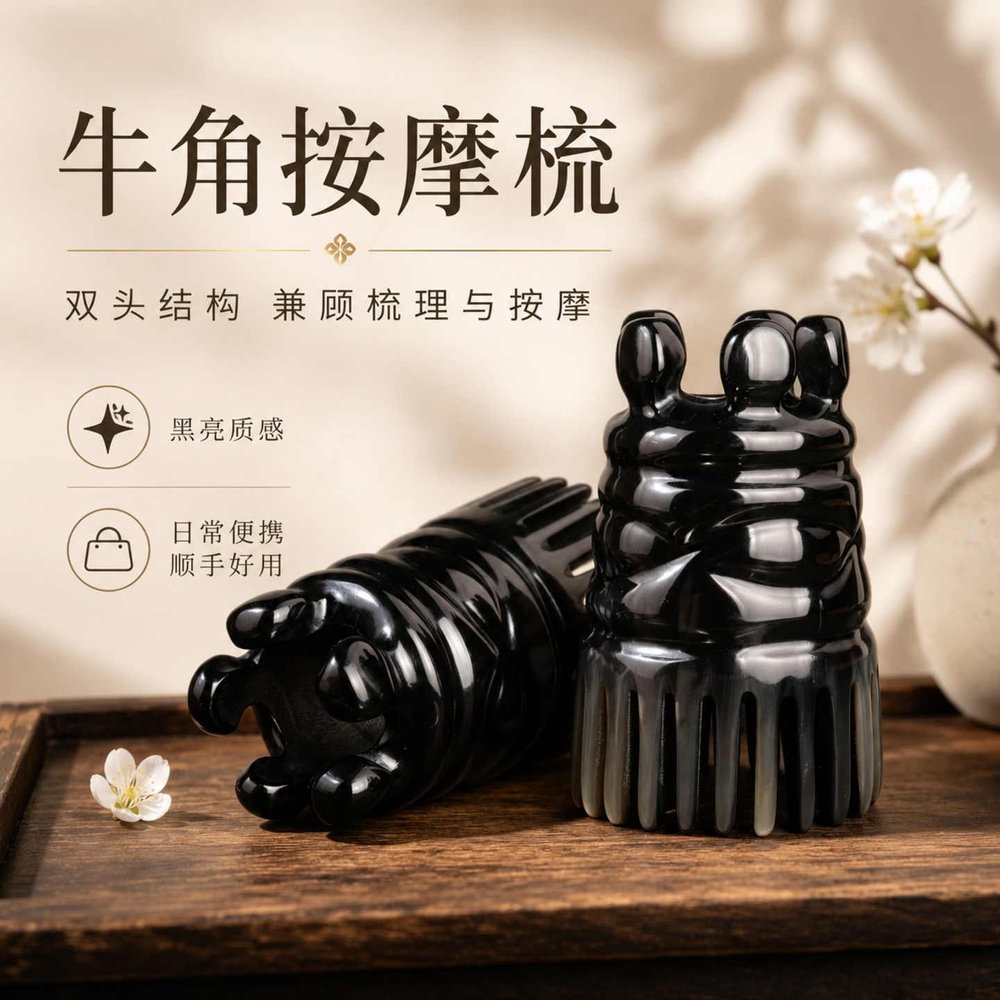加厚黑水牛角双头头皮经络按摩梳