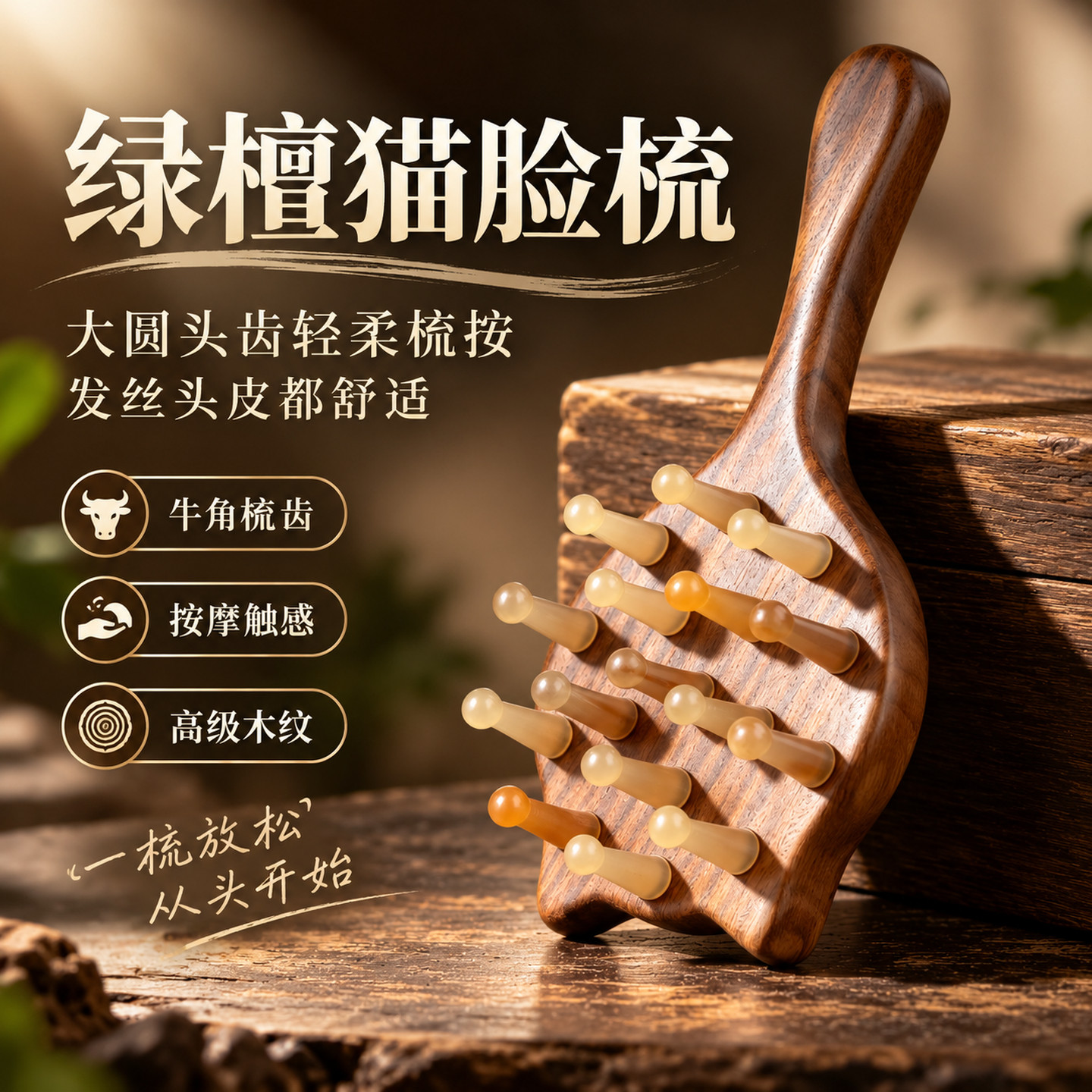 绿檀牛角猫脸梳轻柔头皮按摩