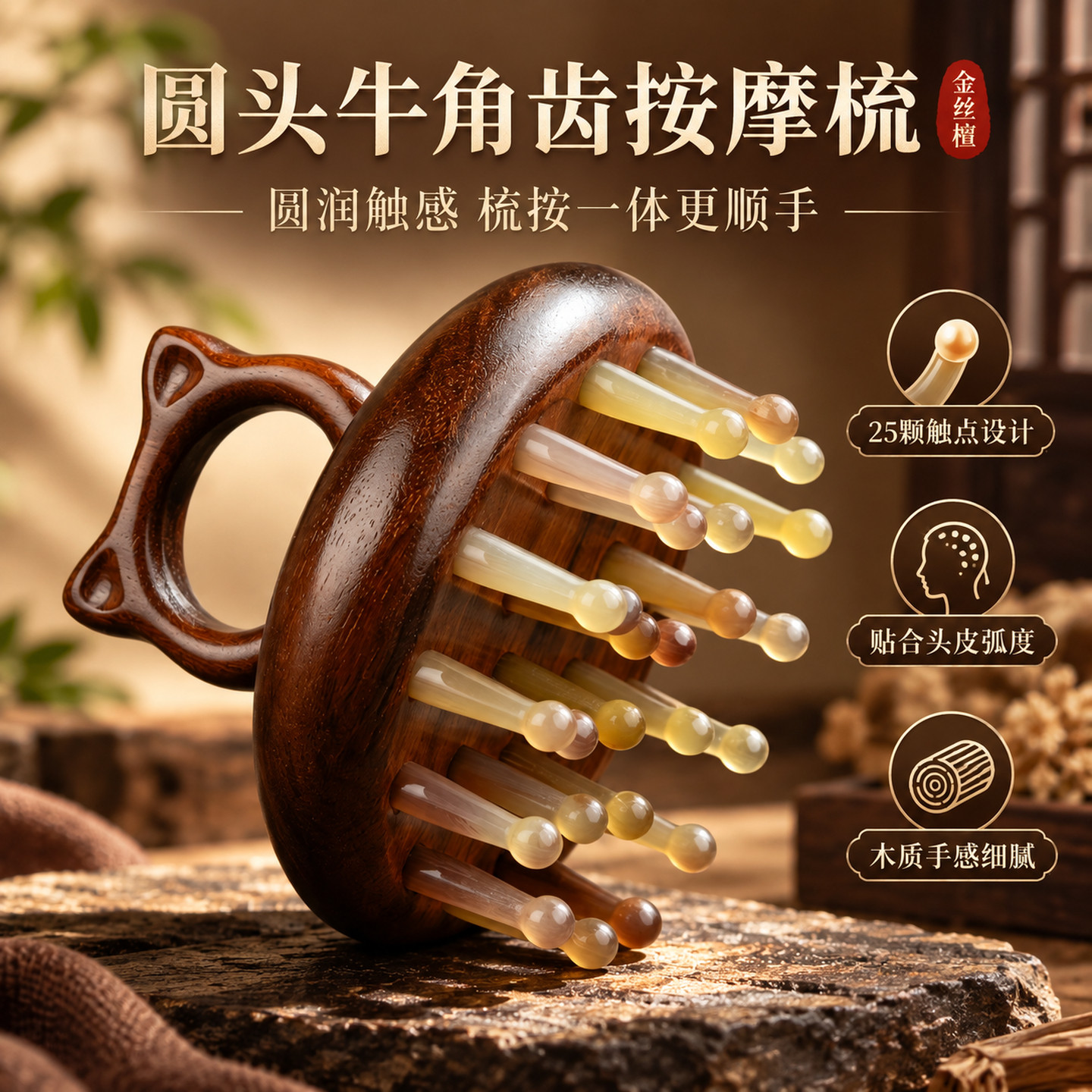 檀木牛角齿圆盘头皮按摩梳