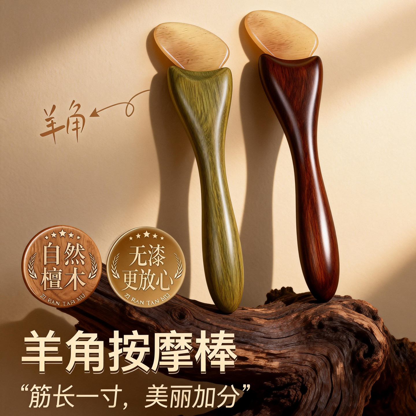 天然檀木羊角按摩棒面部提拉眼部黑眼圈眼袋按摩器美容工具拨筋棒
