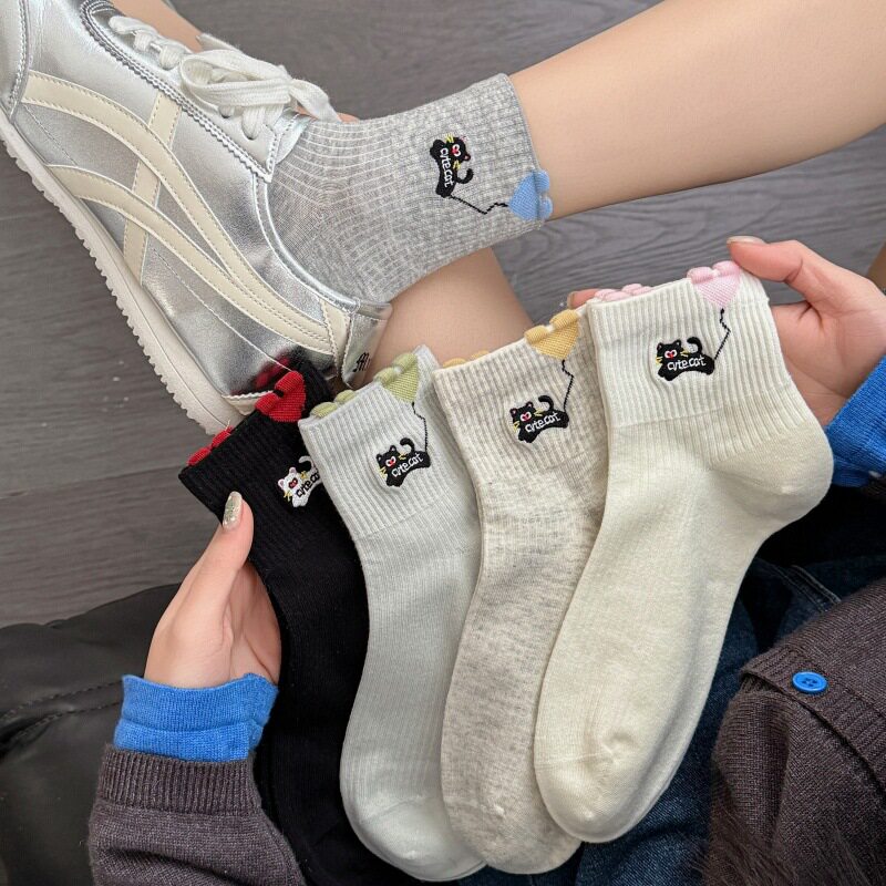 韩系卡通猫咪刺绣短筒袜女春夏