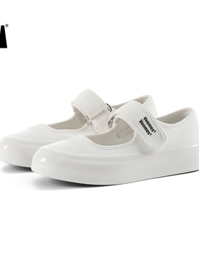 VEEMES夏季白色厚底增高浅口帆布鞋女 玛丽珍小白鞋复古平底女鞋