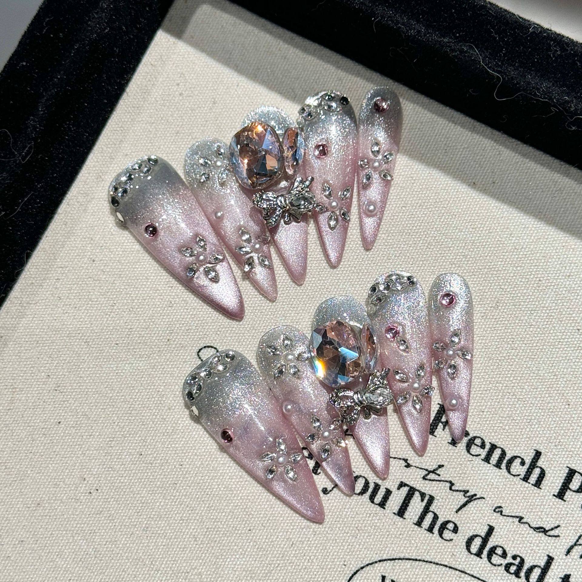 瑞卡曼【倾心】纯手工穿戴甲可拆卸美甲重工奢华桃子粉晕染链条满