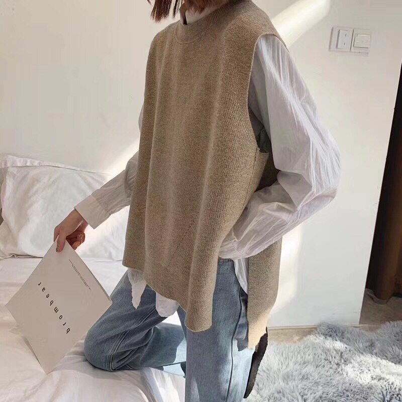 春秋新款跨境女式针织马甲韩版圆领宽松套头坎肩无袖毛衣