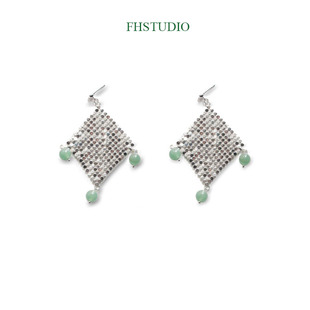 FHSTUDIO原创设计复古中国风潮人鳞片金属流苏玉石耳坠耳夹