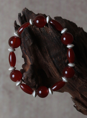 FHSTUDIO独立设计新中式红运当头纯银深红红玛瑙手串手镯