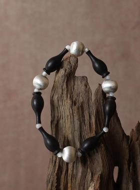 FHSTUDIO原创设计黑檀木花瓶925纯银磨砂珠手镯手串新中式