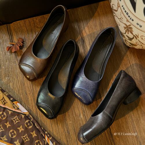 水洗马皮中跟浅口玛丽珍单鞋大码