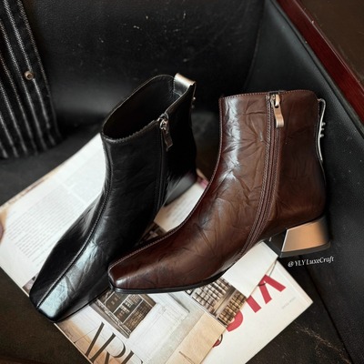 新款粗跟中跟短靴侧拉链真皮百搭