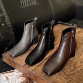 中跟灰色短靴子大码 H158 261秋冬新款 粗跟百搭复古真皮切尔西加绒