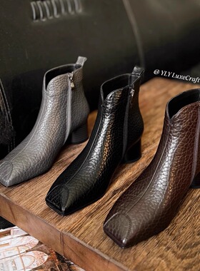 H158-261秋冬新款中跟灰色短靴子大码粗跟百搭复古真皮切尔西加绒