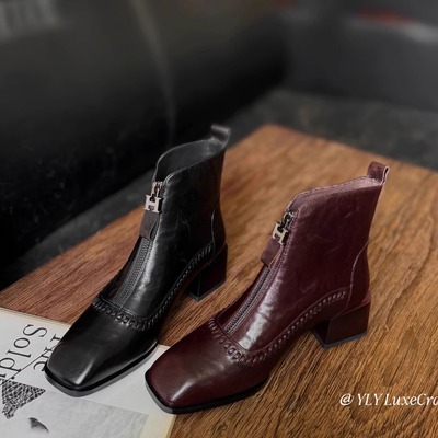 粗跟羊皮短靴女大码中跟切尔西