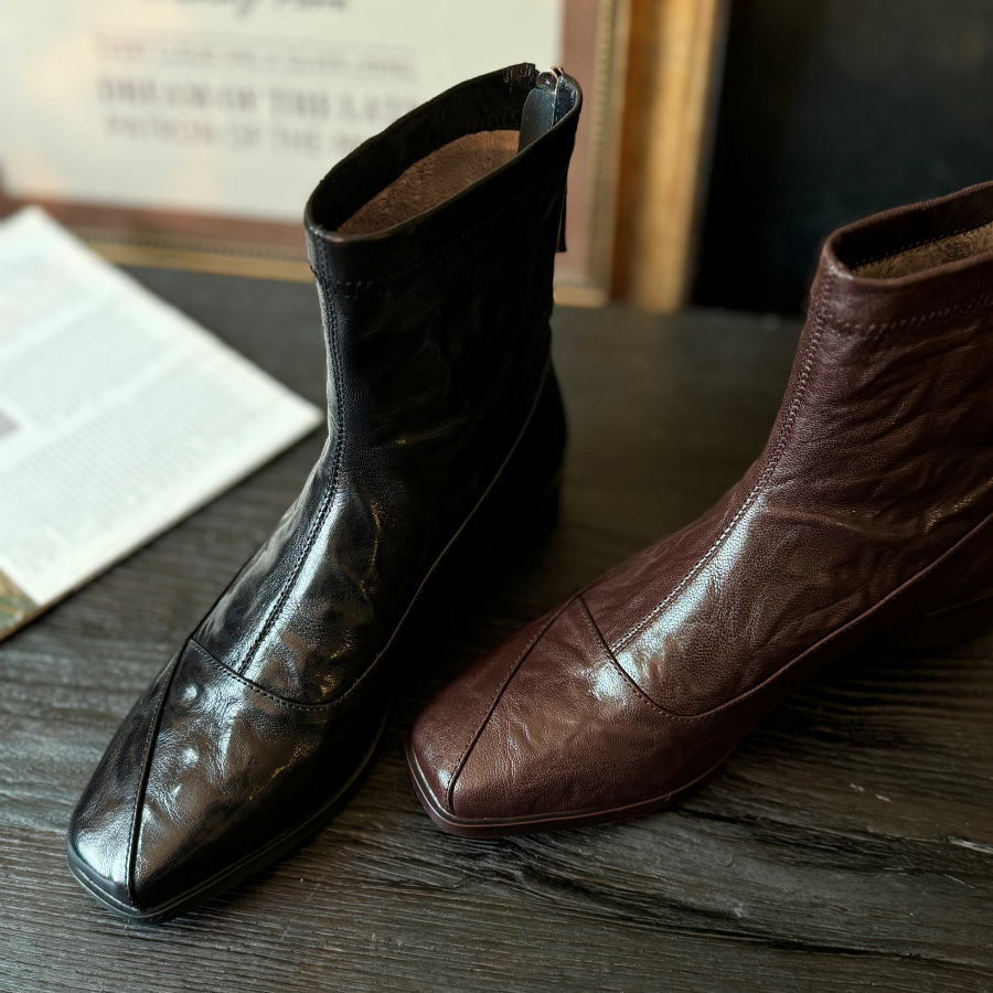 2025新款短靴女中跟鞋小方头羊皮大码女鞋靴子真皮马丁靴加绒5096