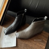 女鞋 H158 单靴子 短靴女小方头粗跟低跟鞋 真皮大码 187秋冬季 新款