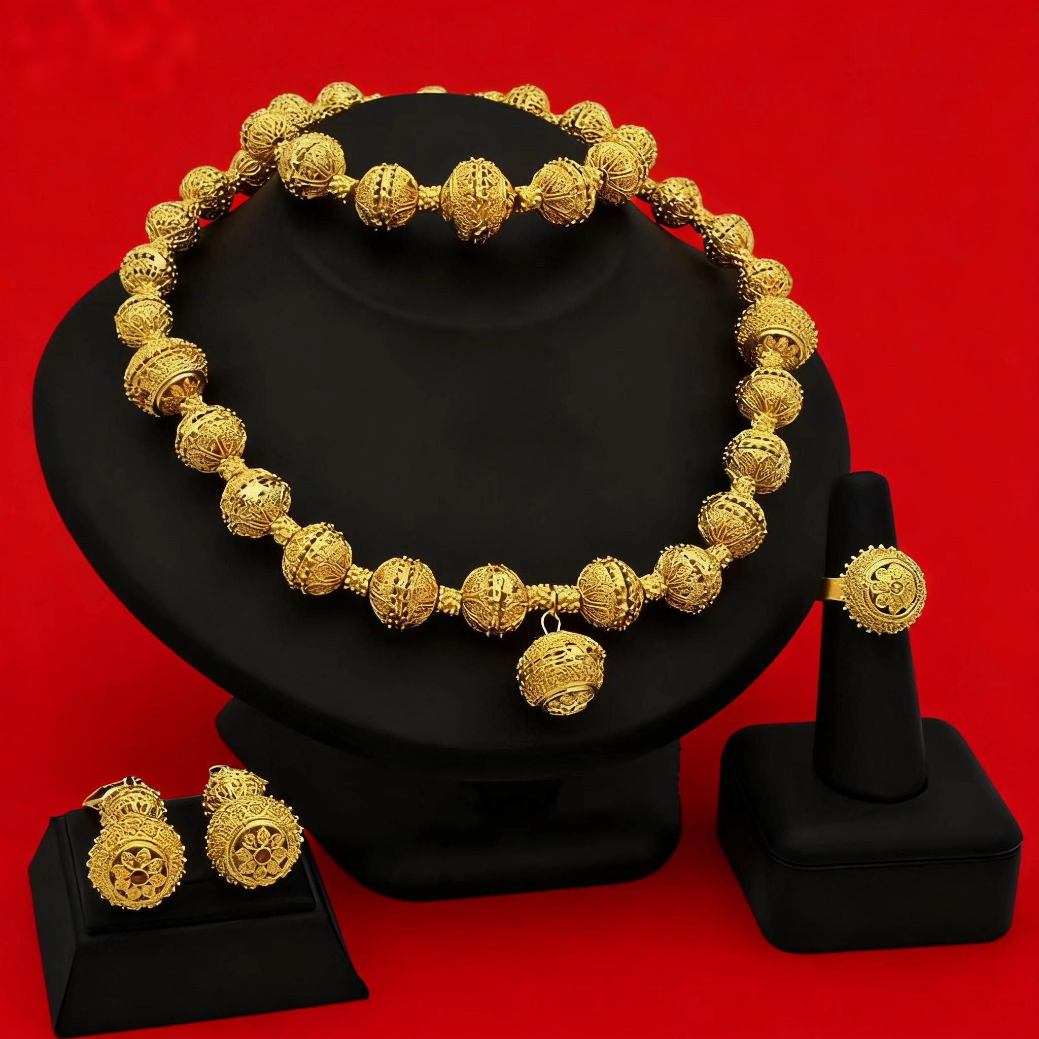 中东女款跨境新娘圆珠子四件套装尼日亚女式项链耳环戒指手链饰品