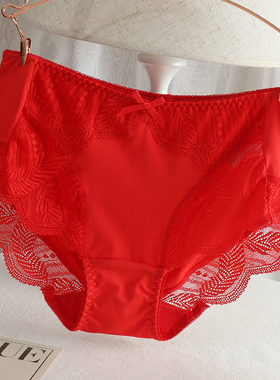女士内裤中高腰蕾丝红色本命年属马性感胖mm大码柔软细腻牛奶丝夏