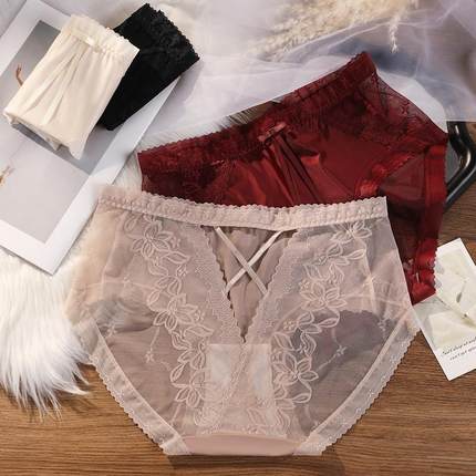 大码酒红色蕾丝内裤女纯棉7A抗菌裆性感交叉带纯欲镂空少女2025新