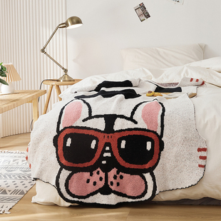 红石榴 半边绒沙发毯针织盖毯 法斗熊猫软绵绵毛毯午睡毯子床尾巾