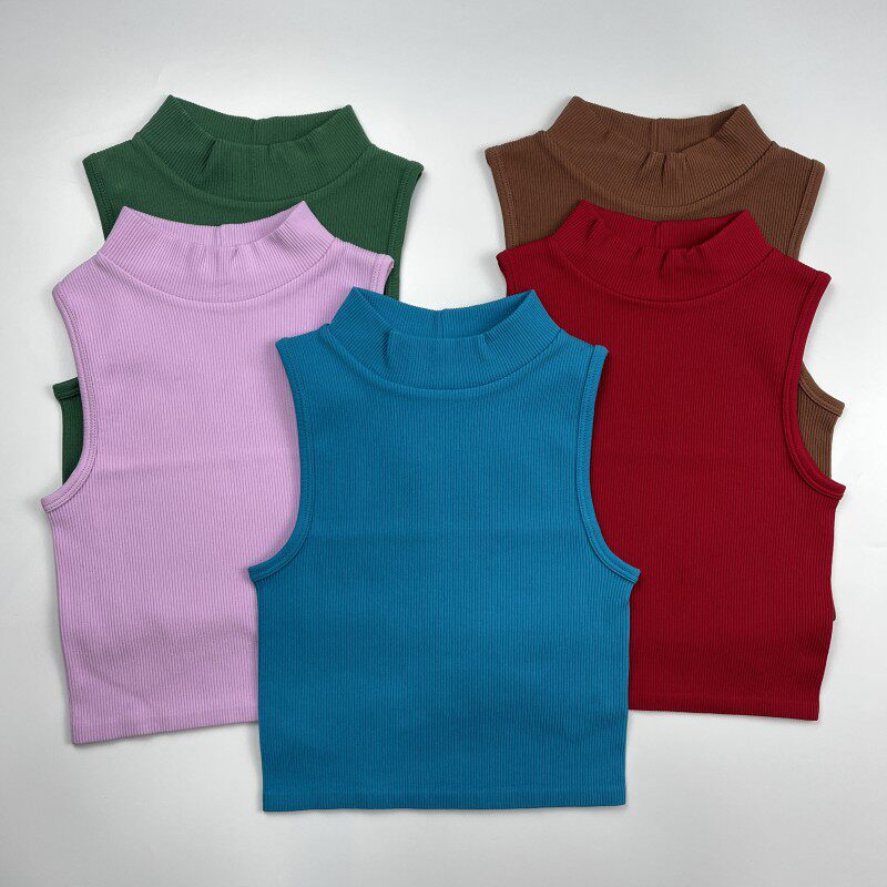 新款无缝罗纹高领运动背心全包裹竖条纹跑步健身瑜伽服上衣速干女