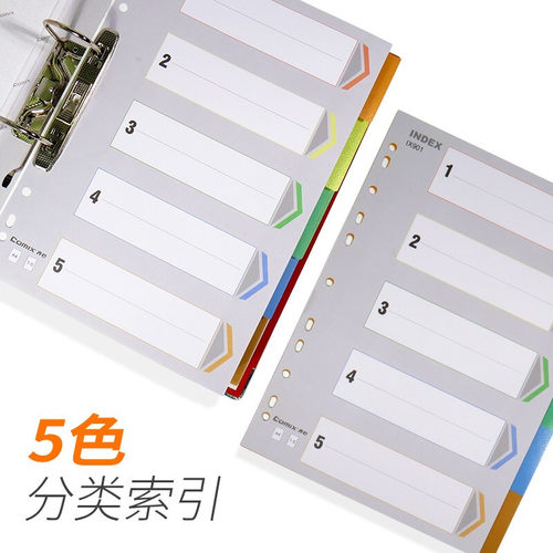 齐心IX901五色分类纸索引纸塑料隔页纸11孔PP彩色5页A4分页纸