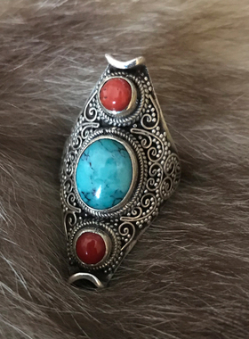 西藏蒙古民族风饰品复古绿松石戒指女珊瑚食指宽面遮疤男个性特色