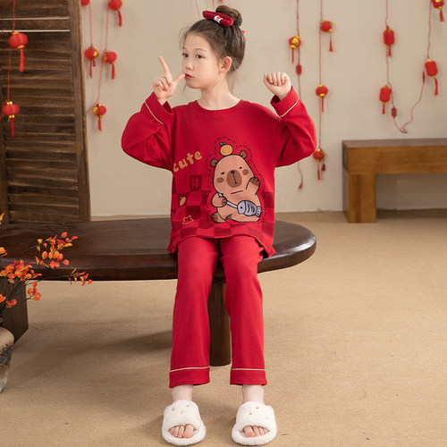 卡皮巴拉红色儿童睡衣男女孩春秋纯棉长袖中大童家居服套装本命年