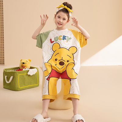 女童连体小熊维尼睡衣纯棉短袖薄款夏天中大童儿童防踢被家居服裙