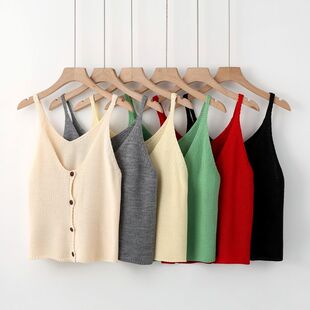 小众单排扣背心开衫 韩系设计感针织外搭V领吊带背心女春季 新款