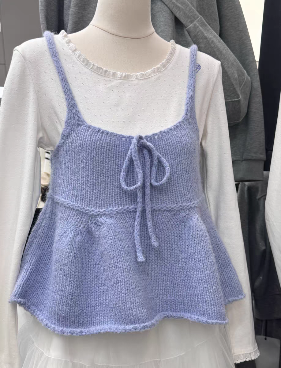 韩系简约百搭甜美纯色蝴蝶结针织叠穿背心吊带女春季新款小众上衣
