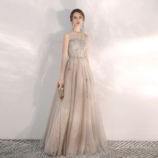 主持人高端晚礼服2020新款 宴会气质新娘结婚敬酒服香槟色抹胸宴会