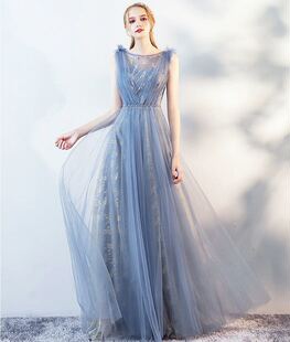 宴会优雅生日派对名媛显瘦年会长款 气质蓝色晚礼服女2019春季 新款