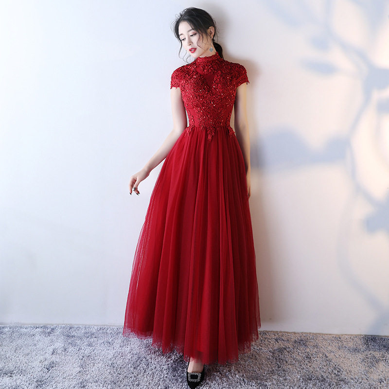 新娘婚纱晚礼服女长款2019新款敬酒服伴娘回门结婚礼服酒红色圆领