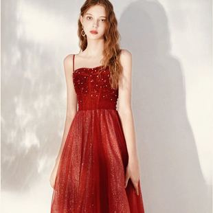 酒红色敬酒服2020新款 气质吊带显瘦演出晚宴结婚新娘礼服裙女新娘