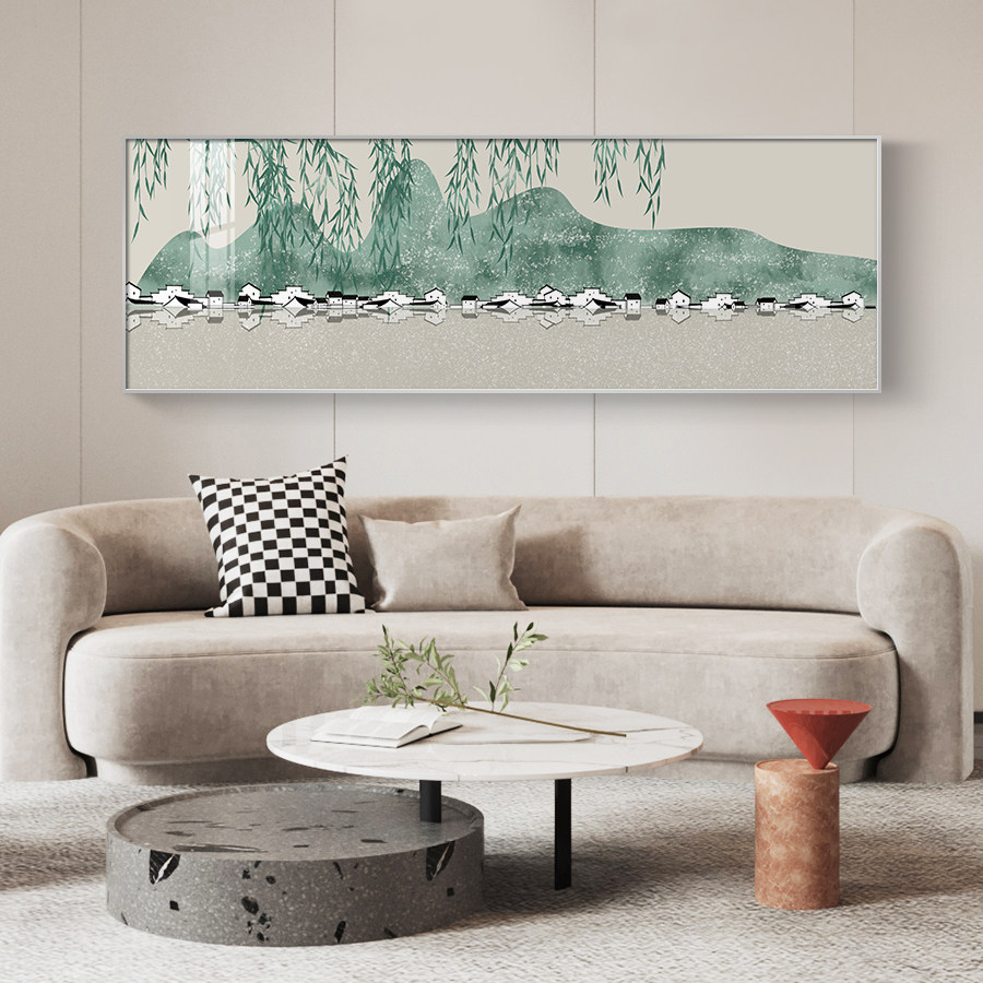 江南烟雨垂柳唯美风景油画横版装饰画沙发客厅背景墙壁画有框挂画