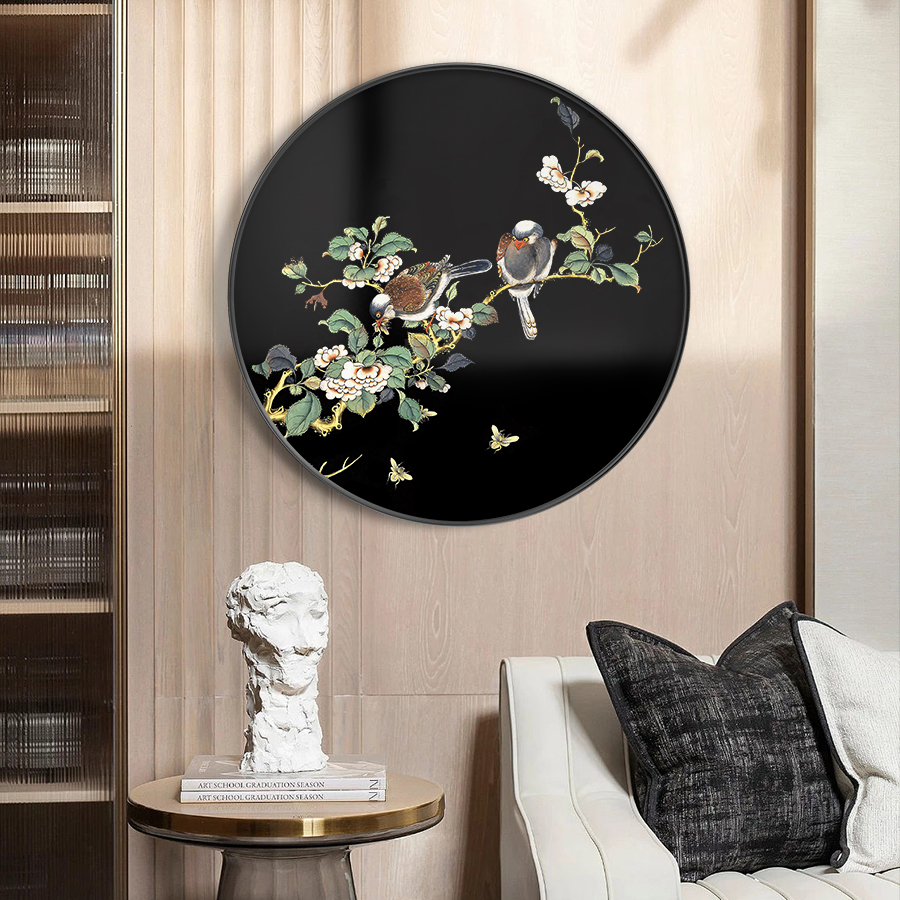 花鸟写实油画圆形铝合金框客厅玄关卧室壁画挂画沙发背景墙装饰画图片
