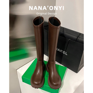 棕色长靴女2025新款 秋冬不过膝厚底真皮高筒靴骑士靴小个子长筒靴