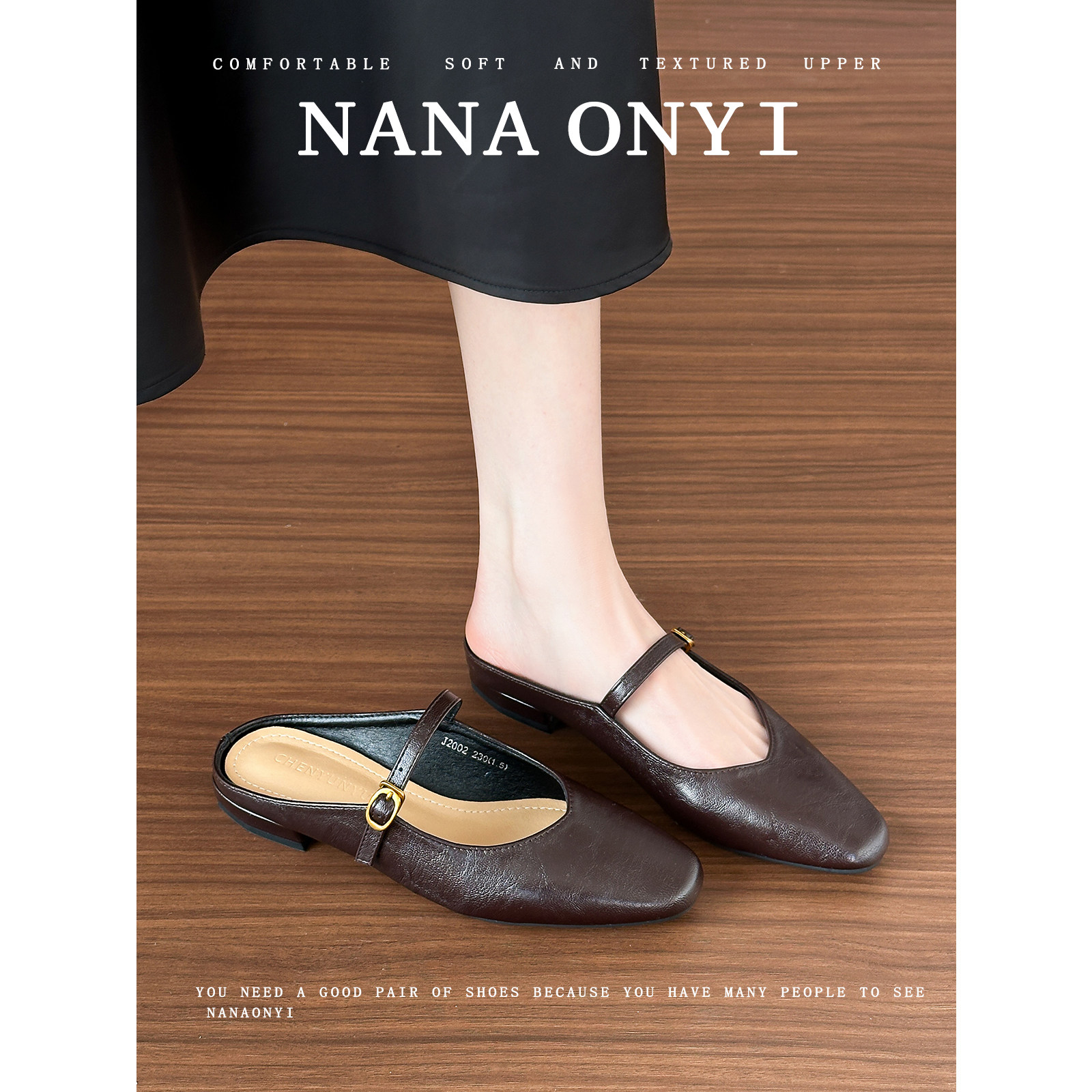 羊皮版~包头凉鞋女夏外穿2026新款复古风显瘦方头粗跟穆勒半拖鞋