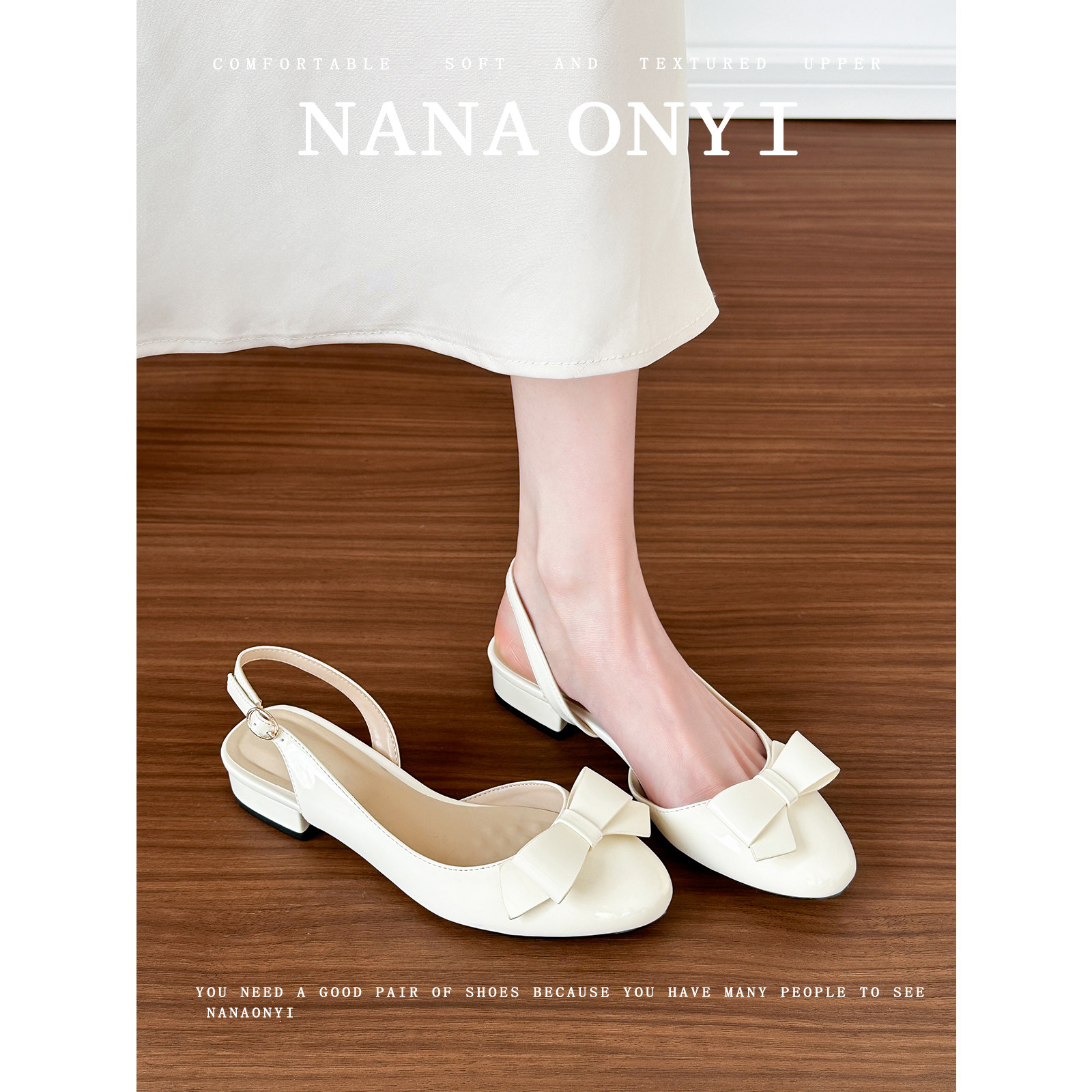 羊皮版~包头凉鞋女夏季2026新款外穿法式蝴蝶结配裙子粗跟高跟鞋