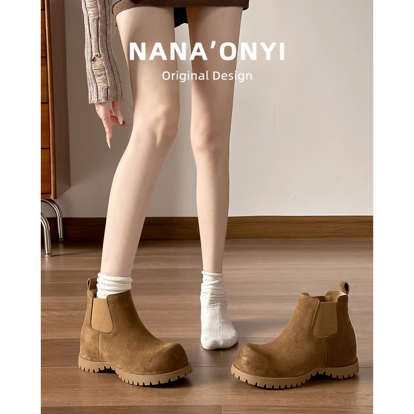 秋季新款一脚蹬复古切尔西靴女2025新款短靴厚底内增高马丁靴