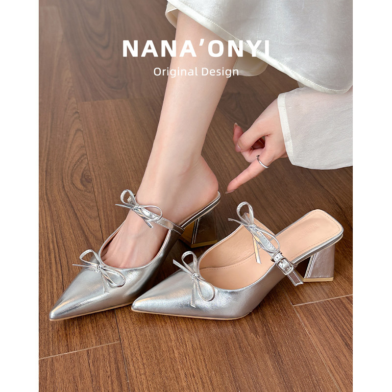 羊皮版~法式包头半拖鞋女夏外穿时尚银色蝴蝶结尖头粗跟高跟凉鞋