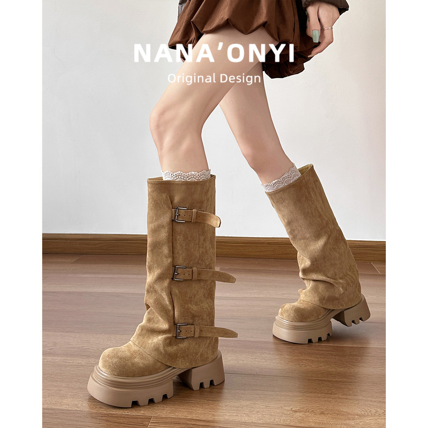 牛皮版~皮带扣机车靴女小个子厚底高筒靴显瘦增高堆堆靴磨砂长靴