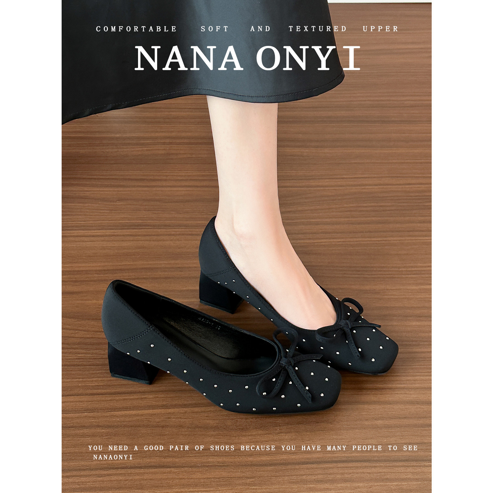 羊皮版~黑色蝴蝶结方头单鞋女2026新款百搭法式不累脚粗跟高跟鞋