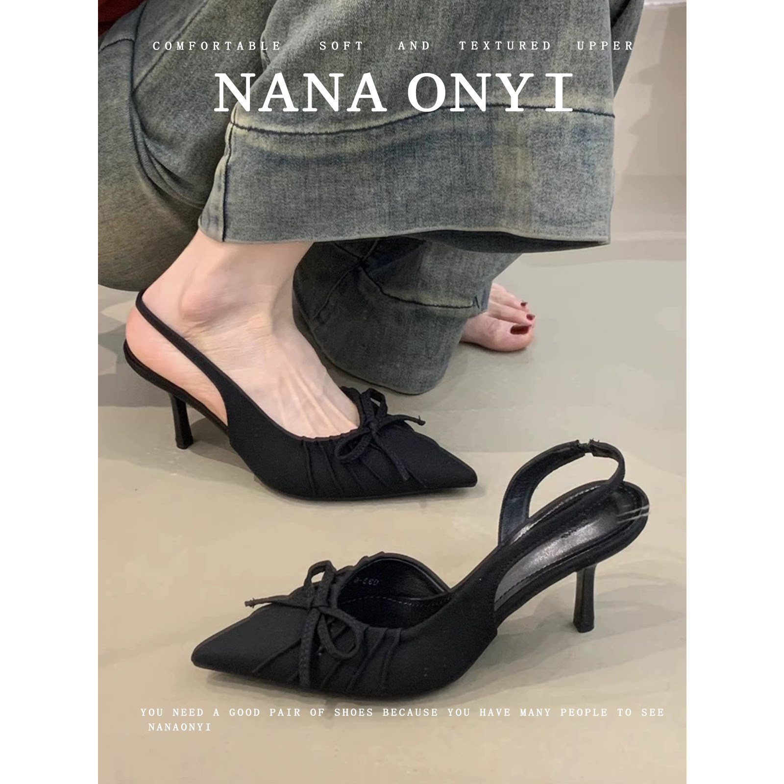 羊皮版！包头凉鞋女夏外穿2026新款法式蝴蝶结细跟高跟鞋尖头单鞋