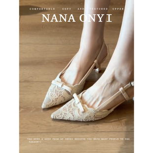 法式 单鞋 高跟鞋 尖头包头性感蕾丝一字带新中式 女细跟凉鞋 羊皮版