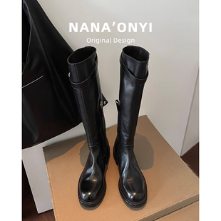 真皮 显瘦美拉德棕色长筒靴高筒骑士靴 厚底不过膝长靴女2025新款